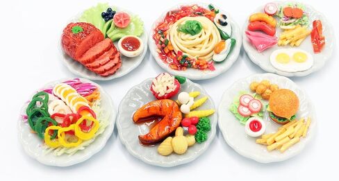 6 Pcs Dollhouse Miniature Western Food Set – Handmade Clay Salmon Steak, Salad,Glazed ham Roast Ham,Burger, Spaghetti and Fast Food Dishes for Dollhouse & Diorama on Ceramic Plates, 1/6 Scale in Saudi Arabia