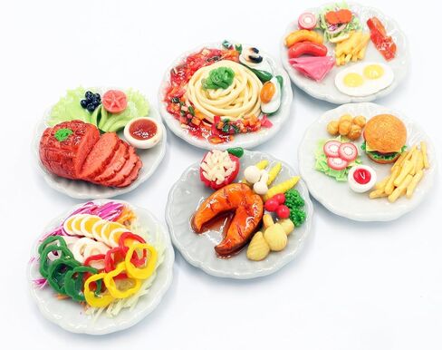 6 Pcs Dollhouse Miniature Western Food Set – Handmade Clay Salmon Steak, Salad,Glazed ham Roast Ham,Burger, Spaghetti and Fast Food Dishes for Dollhouse & Diorama on Ceramic Plates, 1/6 Scale in Saudi Arabia