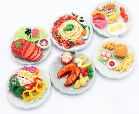 6 Pcs Dollhouse Miniature Western Food Set – Handmade Clay Salmon Steak, Salad,Glazed ham Roast Ham,Burger, Spaghetti and Fast Food Dishes for Dollhouse & Diorama on Ceramic Plates, 1/6 Scale in Saudi Arabia