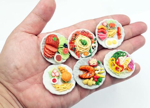6 Pcs Dollhouse Miniature Western Food Set – Handmade Clay Salmon Steak, Salad,Glazed ham Roast Ham,Burger, Spaghetti and Fast Food Dishes for Dollhouse & Diorama on Ceramic Plates, 1/6 Scale in Saudi Arabia
