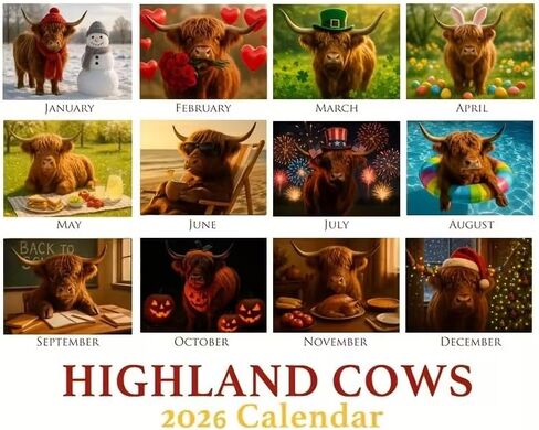 2026 Highland Cow Wall Calendar, Highland Cattle Calendar, 12 Month Wall Calendars in Saudi Arabia