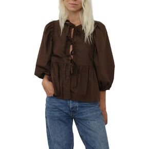 Women Y2K Puff Short Sleeve Peplum Shirts Tie Front Ruffle Hem Babydoll Blouse Tops Teen Girls Lace up Cute Summer Tops