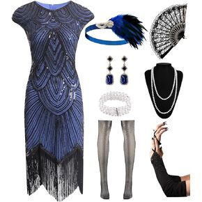 Women's Flapper Dresses 1920s Sequin Fringe Beaded Cocktail Crew Neck Dress Roaring 20s Accessories Vintage Lace Fan Headband