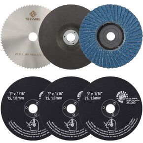 SI FANG 6Pcs 3in x 3/8in Cut Off Wheel Cutting Blades Grinding Wheel Kit, Mix Include 3 inch HSS Circular Saw Blade/Die Grinder Cut Off Wheels/Grinding Wheel/Flap Sanding Disc, for Metal Wood