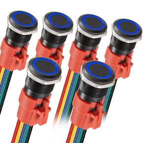 APIELE Latching Push Button Switch 16mm 0.63'' 12V- 24V DC LED SPDT 1NO1NC Aluminium Alloy Metal Push Button Switch with Pigtail 6PCS (Black Shell-Blue, 16MM)