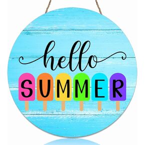 Hello Summer Door Sign Ice Lolly Summer Door Hanger Wooden Front Door Decor Beach Hanging for Farmhouse Home Porch Garden Yard Decor, 12 Inch