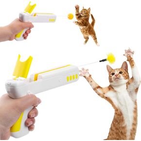 Mity rain Cat Toy, 2-in-1 Interactive Exercise Toy for Indoor Cats, Switchable Ball and Feather Launcher Gun, Yellow ABS, 741 Model, Portable, Lightweight