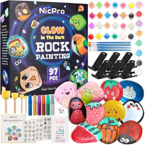 Nicpro 97PCS Rock Painting Kit Glow in The Dark & Metallic, 32 Colors Paint Supplies for Kids Ages 4-12, DIY Art Set 15 River Rocks with Holder, Toy Gift for Boys Girls Birthday Party Activities