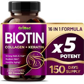 GriMed BIOTIN with Collagen + Keratin 7,275mg Strong Nails & Hair, Radiant Skin, Healthy Aging- USA Made & Tested (150 Count (Pack of 1))