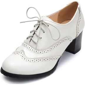 Odema Womens PU Leather Oxfords Wingtip Lace up Mid Heel Pumps Shoes