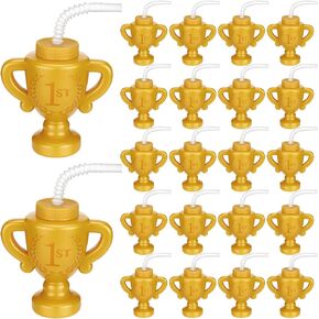 Meanplan 24 Pieces Race Car Trophy Cups with Straws Bulk for Kids 10 oz Reusable Trophy Tire Cups Golden Race Car Cups Creative Party Cups Bulk for Car Birthday Party Favors Decorations and Supplies