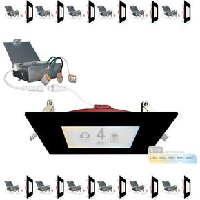 NUWATT 12 Pack, 4 Inch 2 Hour FIRE Rated LED Recessed Light, 2700K/3000K/3500K/4000K/5000K Selectable, 900 Lumen Dimmable, IC Rated, Square Black Trim Ultra-Thin Canless Downlight, No Tenmat Needed