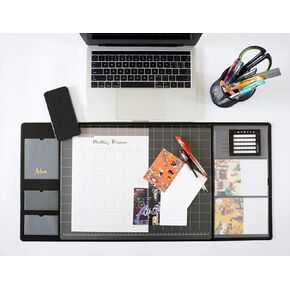 ACHWAI Multifunctional Desk Mat with Calendar, with Pockets for Notes/Monthly Plans/Photos/Business Cards, Waterproof and Non-Slip Mouse Pad, 27.6'' x 13'' Black