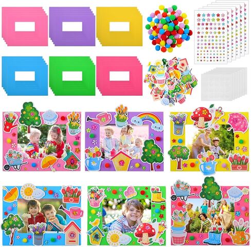 Anglechic 150 Pcs Spring DIY Picture Frames Craft Kits Include Foam Picture Frames Rhinestone Sticker Pom Poms Spring Handmade Craft Decorate Gifts for Home Party Preschool Classroom Activities Games in Saudi Arabia