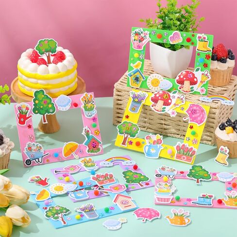 Anglechic 150 Pcs Spring DIY Picture Frames Craft Kits Include Foam Picture Frames Rhinestone Sticker Pom Poms Spring Handmade Craft Decorate Gifts for Home Party Preschool Classroom Activities Games in Saudi Arabia
