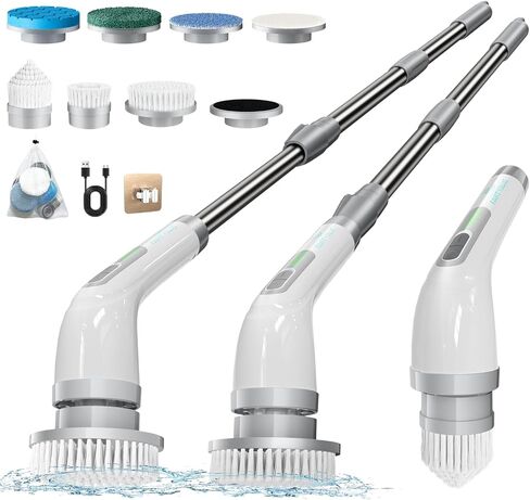 Electric Spin Scrubber, FARTVOLUS Cordless Cleaning Brush with 8 Replaceable Brush Heads, Bathroom and Floor Tile 360 Power Scrubber Dual Speed with Extension Handle for Bathtub, Kitchen, Window in Saudi Arabia