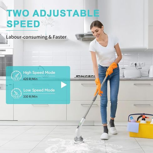 Electric Spin Scrubber, FARTVOLUS Cordless Cleaning Brush with 8 Replaceable Brush Heads, Bathroom and Floor Tile 360 Power Scrubber Dual Speed with Extension Handle for Bathtub, Kitchen, Window in Saudi Arabia