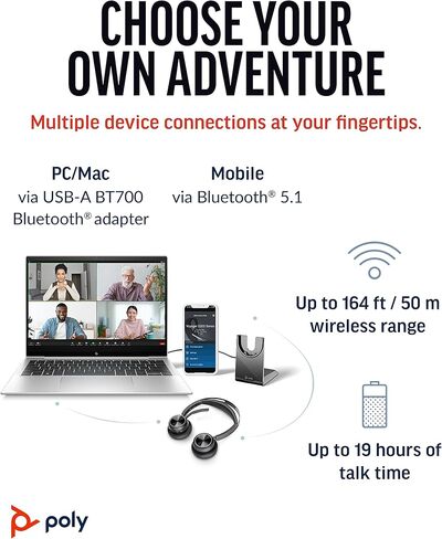 سماعة الرأس Poly Voyager Focus 2 UC اللاسلكية ANC مع ميكروفون وحامل شحن - قم بتوصيلها عبر البلوتوث بجهاز الكمبيوتر/Mac/الهاتف المحمول - تعمل مع الفرق والتكبير والمزيد (متجددة) in Kuwait