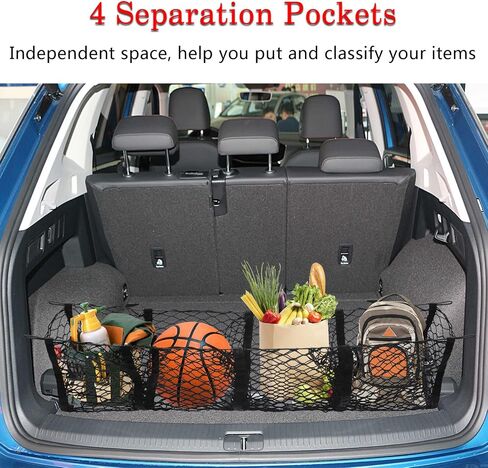 YFZYT 4 Pocket Cargo Net for Pickup Truck Bed, Trunk Bed Organizer Storage with 4 Metal Carabiners＆Holders, Stretchable Heavy Duty Grocery Storage Netting for SUV,Car,Van(47.2" x 11.8" x 11") in Saudi Arabia
