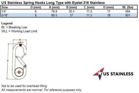 US Stainless Stainless Steel 316 Spring Hook Long Type with Eyelet 1/4" (6mm) Marine Grade in Saudi Arabia