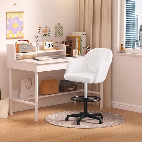VECELO Drafting Chair with Adjustable Height PU Swivel Stool with Lumbar Support and Footrest for Standing Desk Bedroom Vanity Office Living Computer Room, Brown in Saudi Arabia