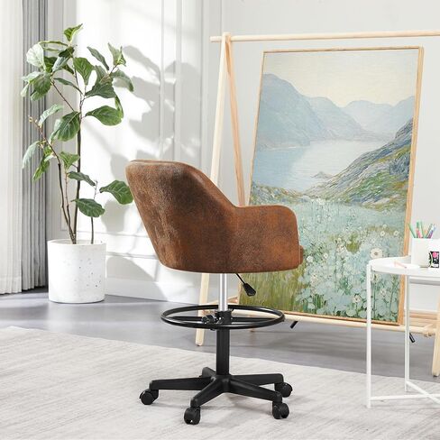 VECELO Drafting Chair with Adjustable Height PU Swivel Stool with Lumbar Support and Footrest for Standing Desk Bedroom Vanity Office Living Computer Room, Brown in Saudi Arabia