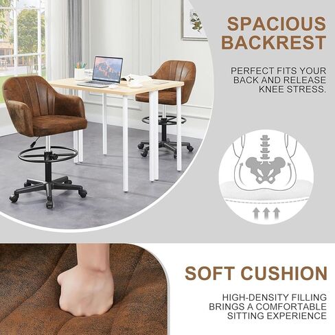 VECELO Drafting Chair with Adjustable Height PU Swivel Stool with Lumbar Support and Footrest for Standing Desk Bedroom Vanity Office Living Computer Room, Brown in Saudi Arabia