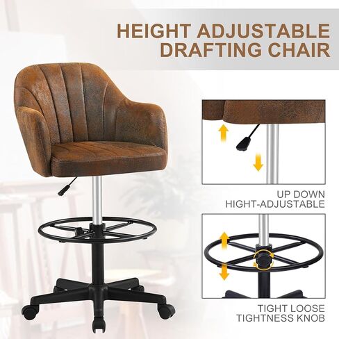 VECELO Drafting Chair with Adjustable Height PU Swivel Stool with Lumbar Support and Footrest for Standing Desk Bedroom Vanity Office Living Computer Room, Brown in Saudi Arabia