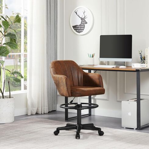 VECELO Drafting Chair with Adjustable Height PU Swivel Stool with Lumbar Support and Footrest for Standing Desk Bedroom Vanity Office Living Computer Room, Brown in Saudi Arabia