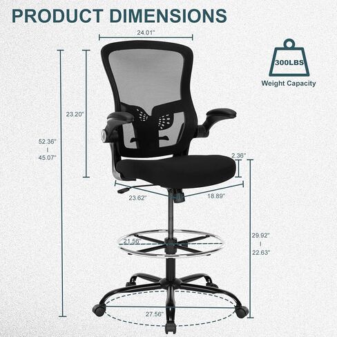 Luckyear Drafting Chair,Ergonomic Tall Office Chair,Standing Desk Chair with Adjuatable Height,Mesh High Chair with Foot Rest,Stool Chair with Flip up Arms,Counter Height Chairs,Black in Kuwait