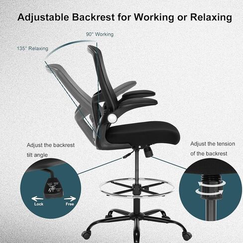 Luckyear Drafting Chair,Ergonomic Tall Office Chair,Standing Desk Chair with Adjuatable Height,Mesh High Chair with Foot Rest,Stool Chair with Flip up Arms,Counter Height Chairs,Black in Kuwait