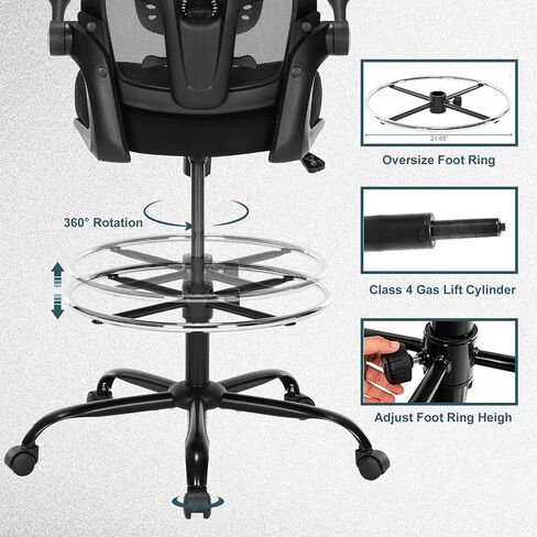 Luckyear Drafting Chair,Ergonomic Tall Office Chair,Standing Desk Chair with Adjuatable Height,Mesh High Chair with Foot Rest,Stool Chair with Flip up Arms,Counter Height Chairs,Black in Kuwait