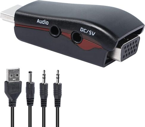 GELRHONR HDMI to VGA with Audio Adapter,HDMI Male to VGA Female HD Converter Support 480P/576P/720P/1080P with 3.5mm Audio Cable Suitable for PC, Laptop, Set Box, TV, DVD - Black in Saudi Arabia