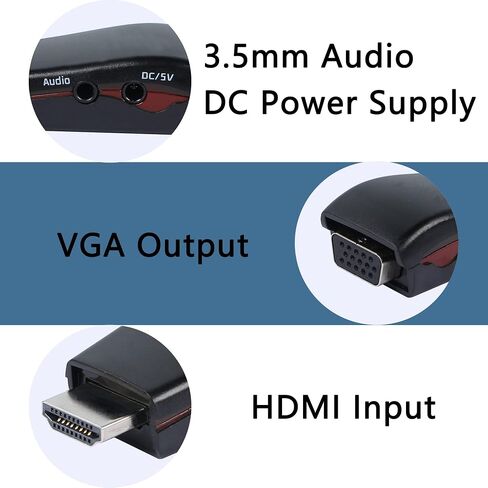 GELRHONR HDMI to VGA with Audio Adapter,HDMI Male to VGA Female HD Converter Support 480P/576P/720P/1080P with 3.5mm Audio Cable Suitable for PC, Laptop, Set Box, TV, DVD - Black in Saudi Arabia