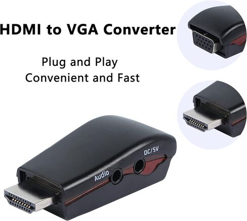 GELRHONR HDMI to VGA with Audio Adapter,HDMI Male to VGA Female HD Converter Support 480P/576P/720P/1080P with 3.5mm Audio Cable Suitable for PC, Laptop, Set Box, TV, DVD - Black in Saudi Arabia