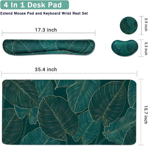 Ergonomic Large Mouse Pad and Keyboard Wrist Rest, Desk Pad for Keyboard and Mouse, 4-in-1 Large Gaming Mouse Pad with Wrist Support for Home Office Study Game-Green Leaves in Kuwait