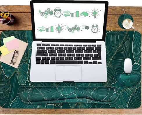Ergonomic Large Mouse Pad and Keyboard Wrist Rest, Desk Pad for Keyboard and Mouse, 4-in-1 Large Gaming Mouse Pad with Wrist Support for Home Office Study Game-Green Leaves in Kuwait