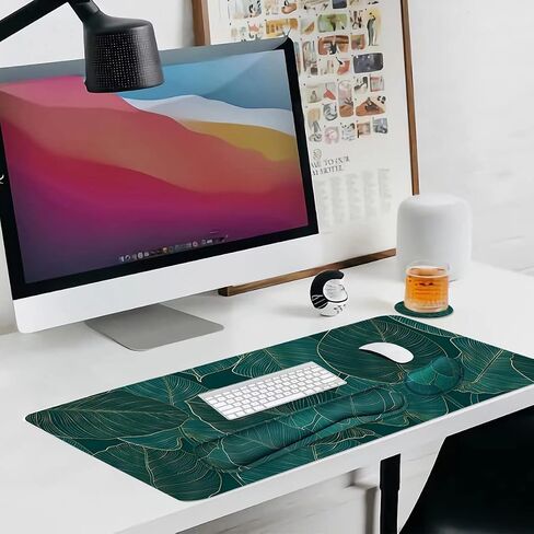 Ergonomic Large Mouse Pad and Keyboard Wrist Rest, Desk Pad for Keyboard and Mouse, 4-in-1 Large Gaming Mouse Pad with Wrist Support for Home Office Study Game-Green Leaves in Kuwait