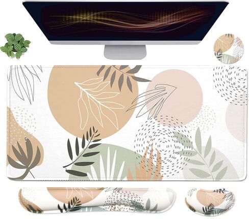 Ergonomic Large Mouse Pad and Keyboard Wrist Rest, Desk Pad for Keyboard and Mouse, 4-in-1 Large Gaming Mouse Pad with Wrist Support for Home Office Study Game-Green Leaves in Kuwait