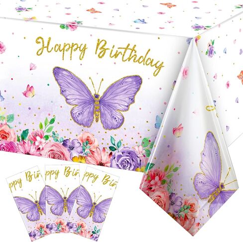 Butterfly Happy Birthday Tablecloth, Butterfly Party Decoration Rectangular Watercolor Butterfly Table Cover Spring Themed Plastic Tablecloth for Girl Party, 108 x 54 Inch(Pink, Purple,1 Piece) in Saudi Arabia
