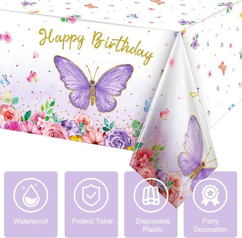 Butterfly Happy Birthday Tablecloth, Butterfly Party Decoration Rectangular Watercolor Butterfly Table Cover Spring Themed Plastic Tablecloth for Girl Party, 108 x 54 Inch(Pink, Purple,1 Piece) in Saudi Arabia