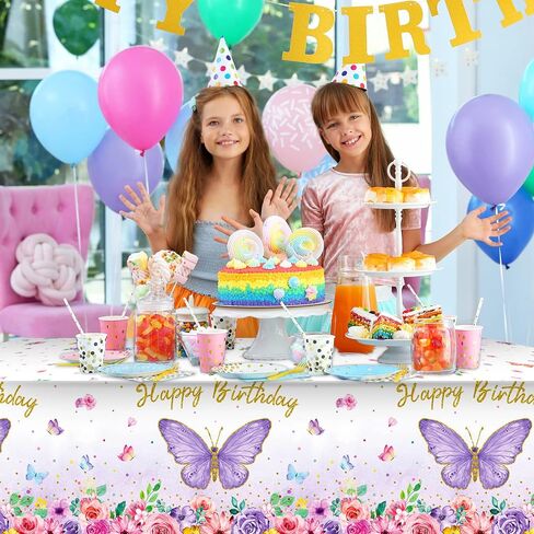Butterfly Happy Birthday Tablecloth, Butterfly Party Decoration Rectangular Watercolor Butterfly Table Cover Spring Themed Plastic Tablecloth for Girl Party, 108 x 54 Inch(Pink, Purple,1 Piece) in Saudi Arabia