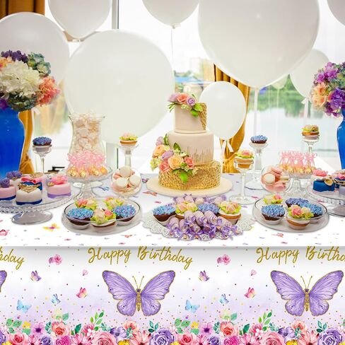 Butterfly Happy Birthday Tablecloth, Butterfly Party Decoration Rectangular Watercolor Butterfly Table Cover Spring Themed Plastic Tablecloth for Girl Party, 108 x 54 Inch(Pink, Purple,1 Piece) in Saudi Arabia