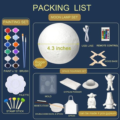 SHINECLOUD Paint Your Own Moon Lamp Kit 5.9'', Arts & Crafts Kit Art Supplies for Kids/Boys/Girls, Rechargeable 16 Colors DIY Night Light with Remote Control/Touch Sensor/Wooden Stand in Kuwait