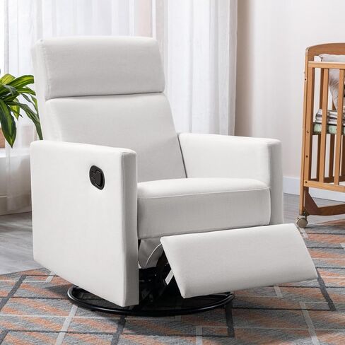 Miscoos Cozy Modern Upholstered Rocker Nursery Chair-Plush Seating Glider Swivel Recliner, Comfortable for Nursing and Relaxation, Ideal for New Parents, White in Saudi Arabia