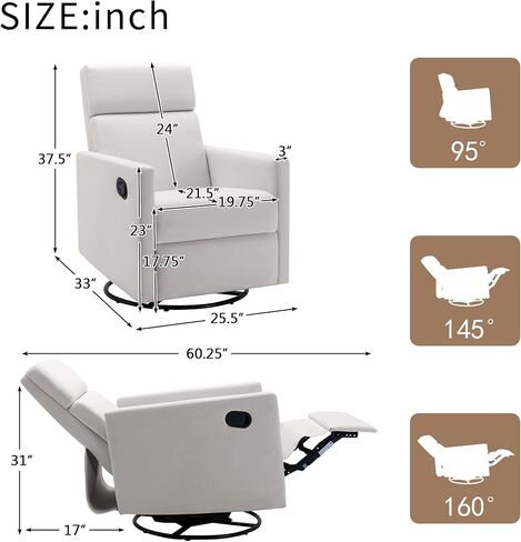 Miscoos Cozy Modern Upholstered Rocker Nursery Chair-Plush Seating Glider Swivel Recliner, Comfortable for Nursing and Relaxation, Ideal for New Parents, White in Saudi Arabia