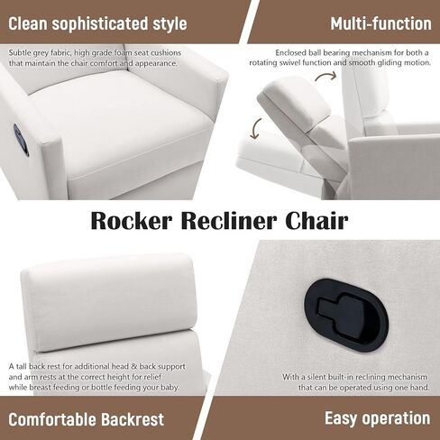 Miscoos Cozy Modern Upholstered Rocker Nursery Chair-Plush Seating Glider Swivel Recliner, Comfortable for Nursing and Relaxation, Ideal for New Parents, White in Saudi Arabia