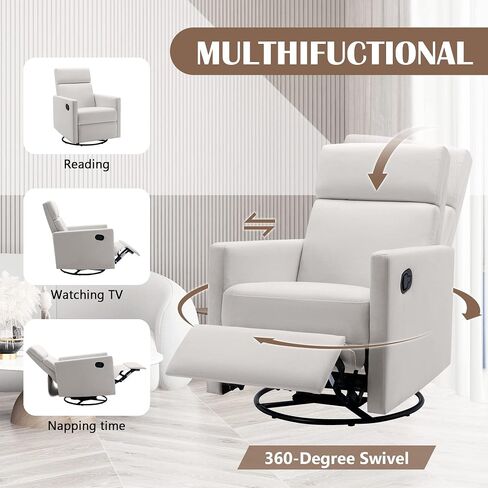 Miscoos Cozy Modern Upholstered Rocker Nursery Chair-Plush Seating Glider Swivel Recliner, Comfortable for Nursing and Relaxation, Ideal for New Parents, White in Saudi Arabia