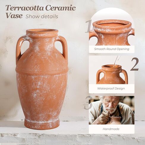 مزهرية ريفية من الطين من كومساف - مزهريات زهور خزفية للمزرعة، مزهرية ديكور منزلي عتيقة، مزهرية طينية، قطعة مركزية للطاولة، مزهرية لغرفة المعيشة، الحمام، ديكور الرف، 8.6 بوصة، تيراكوتا in Kuwait