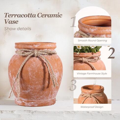 Comsaf Terracotta Rustic Vase - Farmhouse Ceramic Flower Vases, Vintage Home Decoration Vase, Clay Vase, Vase Centerpiece for Table, Vase for Living Room, Bathroom, Shelf Decor, 8.6 Inch, Terracotta in Saudi Arabia